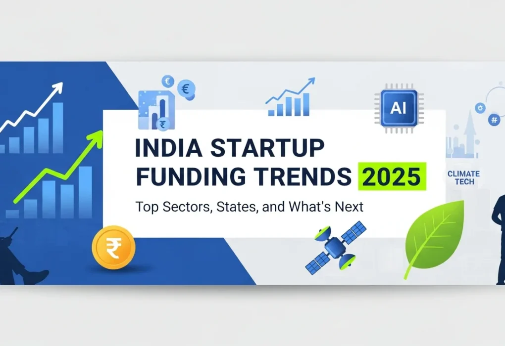 India Startup Funding 2025 infographic showing trends, sector-wise capital flow, and emerging technologies